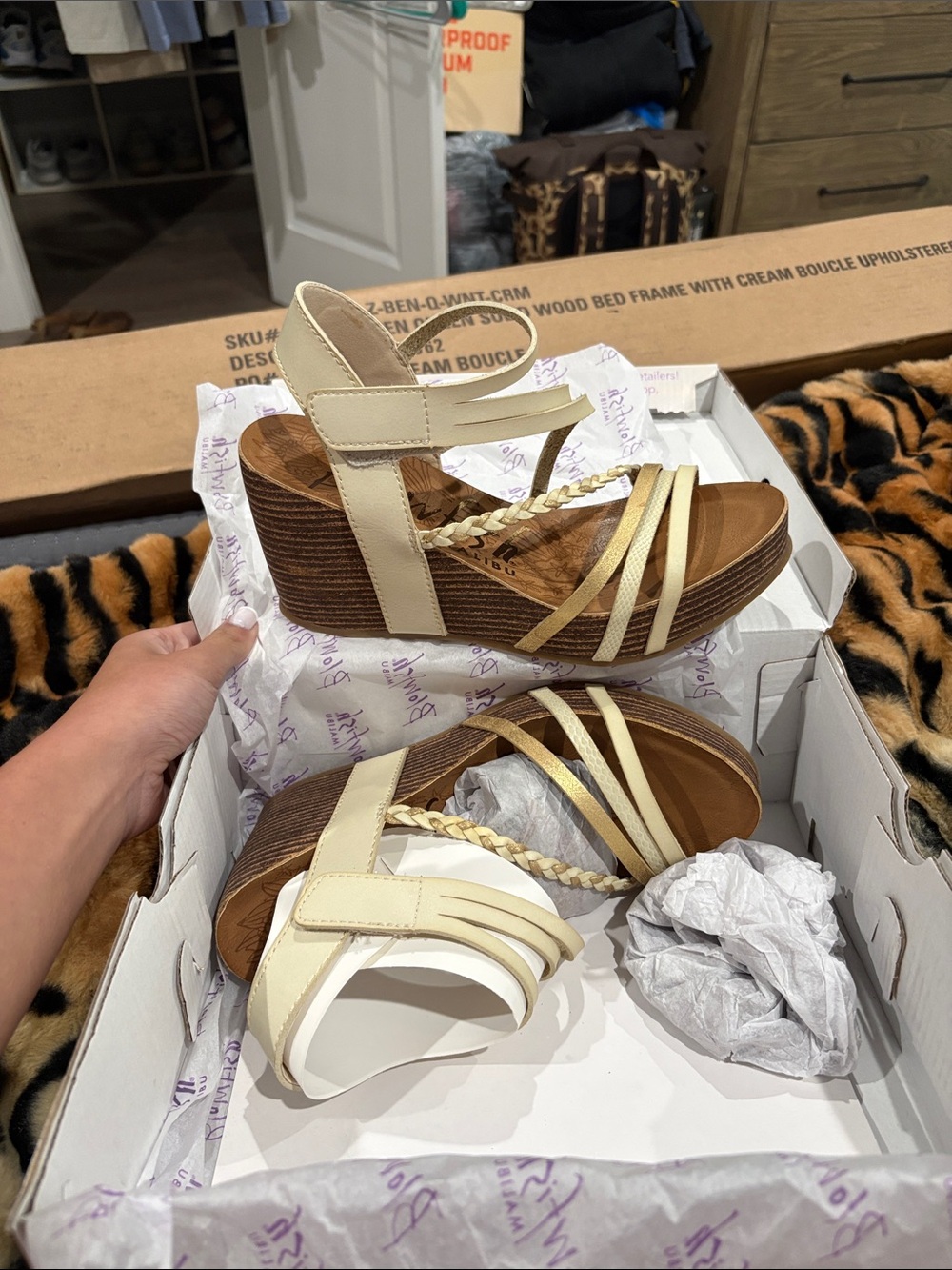 Cream Braided-Strap Wedge Sandals with Ankle Strap
